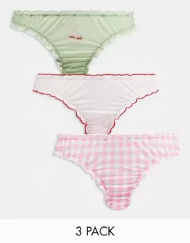 ASOS DESIGN — Комплект из 3 пар сетчатых стрингов с рюшами: розового, виши и мятного цвета