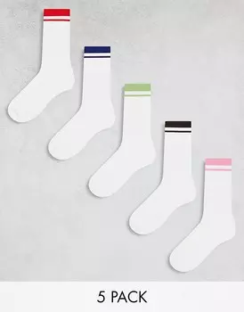 ASOS DESIGN – комплект из 5 пар спортивных носков белого цвета с темно-синей, красной, коричневой, фиолетовой и зеленой окантовкой
