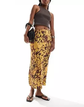 ASOS DESIGN – Коричневая атласная юбка миди косого кроя с животным принтом