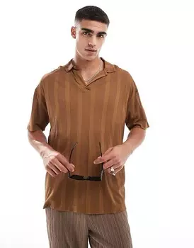ASOS DESIGN Коричневая фактурная рубашка-поло оверсайз с кубинским воротником