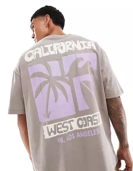 ASOS DESIGN – Коричневая плотная фактурная футболка оверсайз с принтом на спине