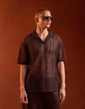 ASOS DESIGN – Коричневая рубашка-поло крючком свободного кроя и воротником с лацканами