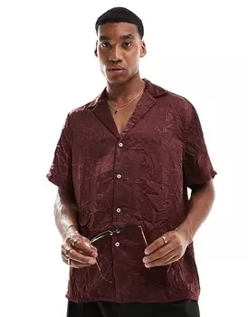 ASOS DESIGN Коричневая рубашка свободного кроя с кубинским воротником из жатого атласа