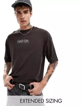 ASOS DESIGN Коричневая текстурированная футболка оверсайз свободного кроя с принтом спереди