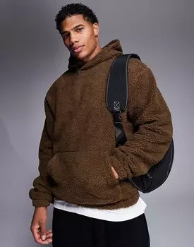 ASOS DESIGN – коричневая толстовка оверсайз с капюшоном из искусственной овчины