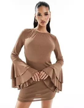 ASOS DESIGN – коричневое фактурное мини-платье с длинными рукавами и рюшами на манжетах