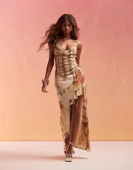 ASOS DESIGN – Коричневое платье макси на бретельках с цветочным принтом, воротником-хомутом и разрезом с рюшами