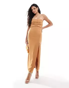 ASOS DESIGN Коричневое платье миди с вырезом-бандо, складками и глубоким разрезом