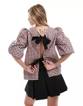 ASOS DESIGN – коричневый топ в клетку виши из поплина с контрастным бантом сзади