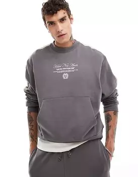ASOS DESIGN — Короткая толстовка свободного кроя графитового цвета с текстовым принтом и тесьмой