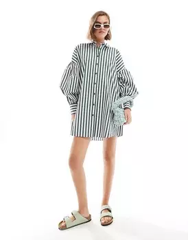 ASOS DESIGN – Короткое платье-рубашка в зеленую полоску с вырезом бойфренд и рукавами-блузонами