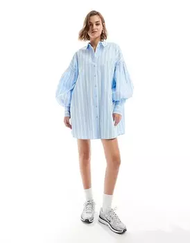 ASOS DESIGN – Короткое полосатое платье-рубашка голубого и белого цвета с вырезом бойфренд и блузкой>4 рукава