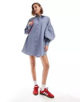 ASOS DESIGN – Короткое синее платье-рубашка в полоску с тонкими полосками, кроем бойфренд и рукавами-блузонами