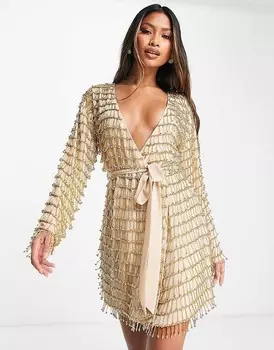 ASOS DESIGN – Короткое золотое платье с запахом и пышной бахромой