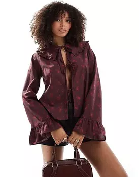 ASOS DESIGN – красная блузка из поплина с рюшами и мелким цветочным узором
