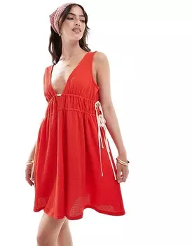 ASOS DESIGN – Красное фактурное летнее мини-платье с завязками
