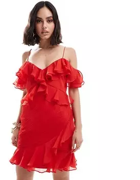 ASOS DESIGN – Красное мини-платье с рюшами и вырезами на плечах