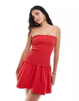 ASOS DESIGN – Красное мини-платье со сборками, вырезом-бандо и заниженной талией