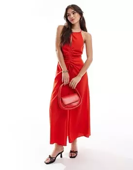 ASOS DESIGN – Красное платье миди со сборками спереди и высоким вырезом