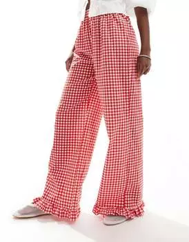 ASOS DESIGN — Красные брюки в клетку с рюшами по низу