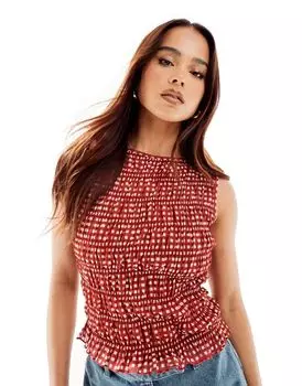 ASOS DESIGN – красный топ без рукавов в клетку виши с рюшами