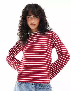 ASOS DESIGN – красный топ цвета хаки в полоску с длинными рукавами и контрастной окантовкой
