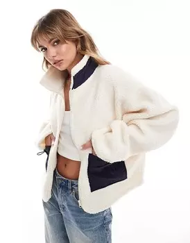 ASOS DESIGN – кремово-темно-синий плюшевый толстовка с нейлоновыми карманами и полной молнией
