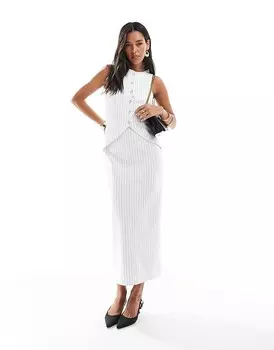ASOS DESIGN – Кремовое платье-миди с жилетом, застежкой на пуговицы и узором в серую полоску