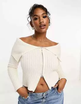 ASOS DESIGN Кремовый кардиган в рубчик с молнией Curve и открытыми плечами