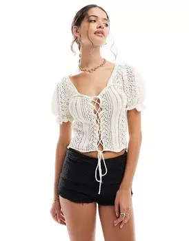 ASOS DESIGN – Кремовый топ со шнуровкой, декоративными швами и рукавами-фонариками