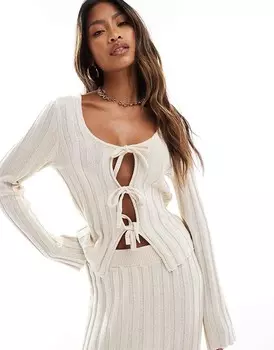 ASOS DESIGN – Кремовый трикотажный комплект: кардиган с завязками спереди и юбка-тройка