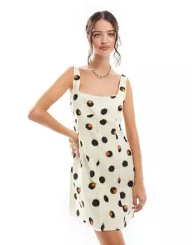 ASOS DESIGN – Льняное мини-платье с овальным вырезом, деталью на груди и размытым принтом в горошек