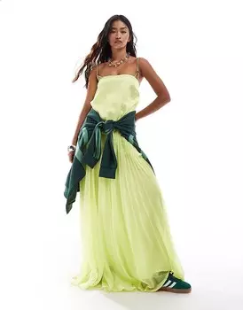 ASOS DESIGN – Лаймовое атласное платье с бретелями-трапецией и плиссированной юбкой