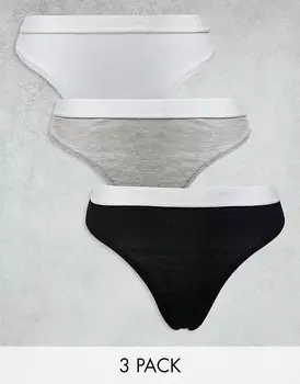 ASOS DESIGN – Lillie – Набор из трех хлопковых стрингов черного, серого и белого цвета с поясом