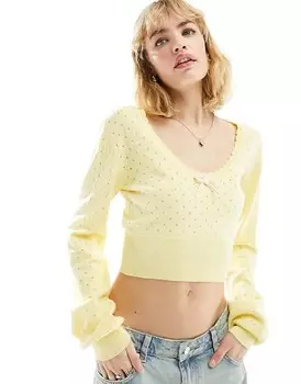 ASOS DESIGN – Лимонно-желтый трикотажный топ с длинными рукавами и контрастным бантом