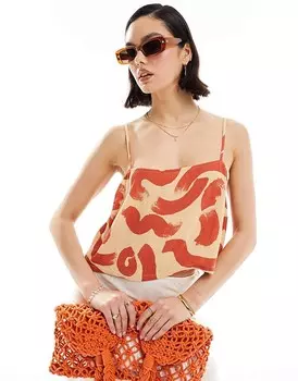 ASOS DESIGN – Майка из жатого льна с квадратным вырезом и оранжевым узором в виде завитков