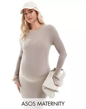 ASOS DESIGN Maternity – Серо-коричневое трикотажное платье макси с круглым вырезом и разрезами на манжетах