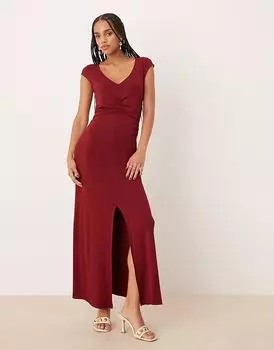 ASOS DESIGN миди-платье для чаепития с рукавами-крылышками и акцентом на талии в бордовом цвете
