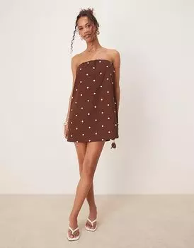 ASOS DESIGN мини-платье-бандо трапеция в шоколадный горошек