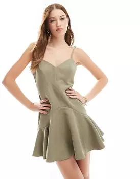ASOS DESIGN – Мини-платье цвета хаки с воздушным низом и декоративным швом