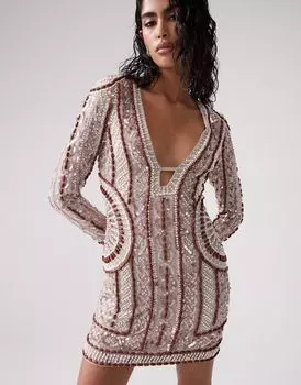 ASOS DESIGN – мини-платье каменно-бежевого цвета с длинными рукавами и деревянными бусинами