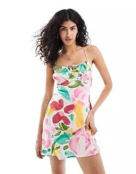 ASOS DESIGN – Мини-платье на бретельках со сборками на груди и абстрактным цветочным принтом