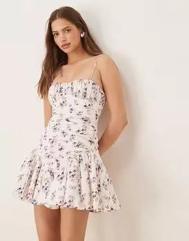 ASOS DESIGN мини-платье на бретельках с присборенной грудью и пышной юбкой цвета слоновой кости с мелким цветочным принтом