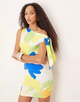ASOS DESIGN мини-платье на одно плечо с завязкой и узлом, увеличенный цветочный принт