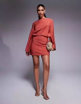 ASOS DESIGN мини-платье с длинными рукавами и подвернутой талией в цвете ржавчины