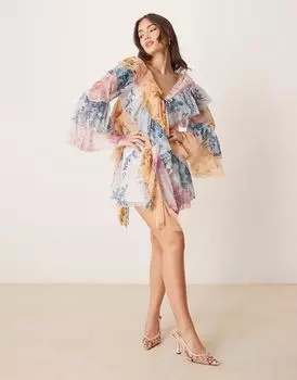 ASOS DESIGN мини-платье с длинными рукавами, сшитое из смешанного цветочного узора и оборками