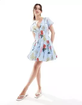 ASOS DESIGN – Мини-платье с короткими рукавами и юбкой-годе с ботаническим цветочным принтом