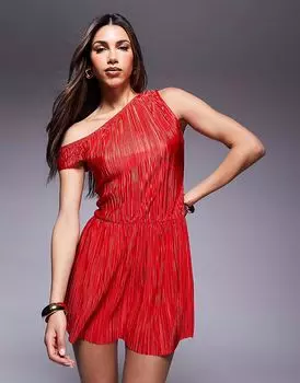 ASOS DESIGN мини-платье с плиссированной линией плеч красного цвета