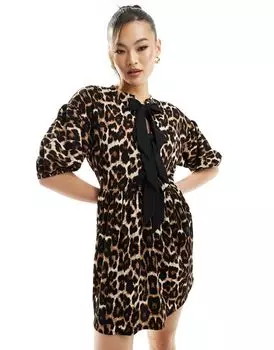 ASOS DESIGN – мини-платье с пышными рукавами и завязкой спереди, леопардовый принт