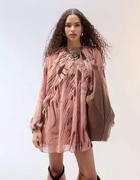 ASOS DESIGN – Мини-платье с размытым узором, рюшами и рукавами-накидками